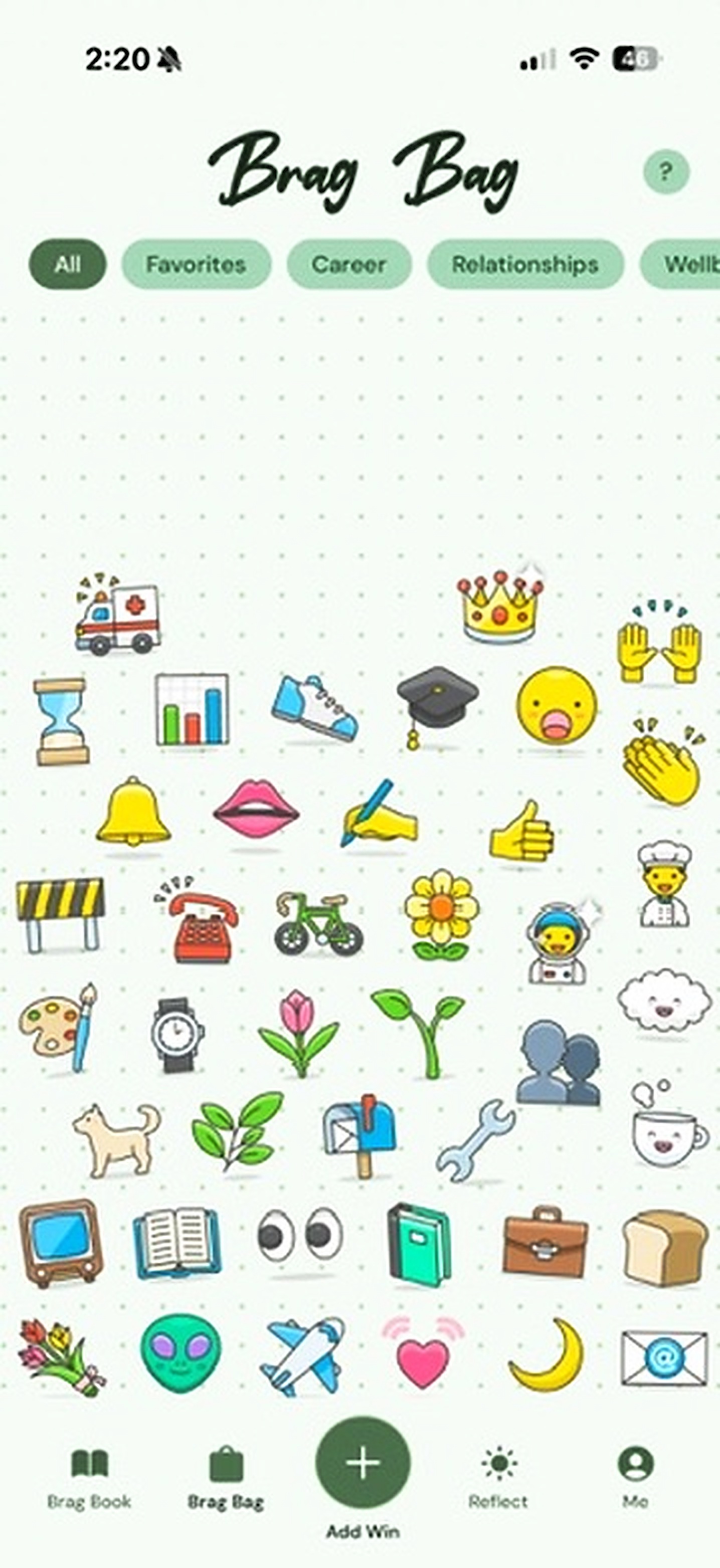 Brag Bag screen showing collected win icons